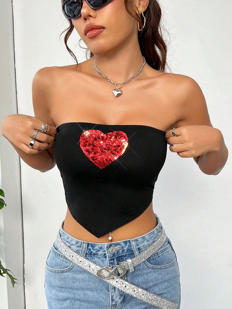 EZwear Dia De San Valentin Top Sin Tirantes Con Dobladillo Triangular Bordado Con Cuentas De Mujer De Color Rojo