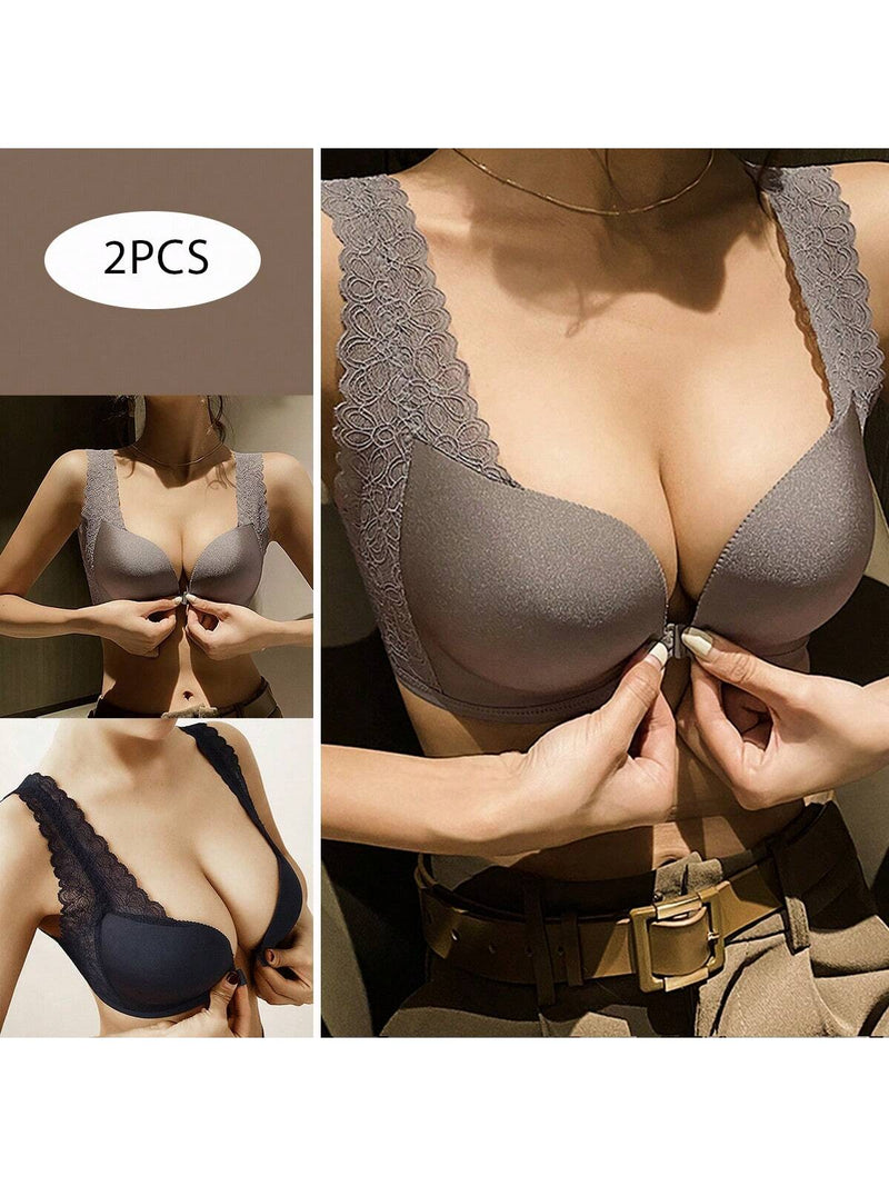 Conjunto De 2 Piezas De Ropa Interior De Mujer, Con Cierre Frontal, Hermoso Sujetador De Espalda, Sin Alambre, Sin Rastros, Con Detalle De Encaje Push Up Y Comodo Sujetador En Color Negro Y Cafe