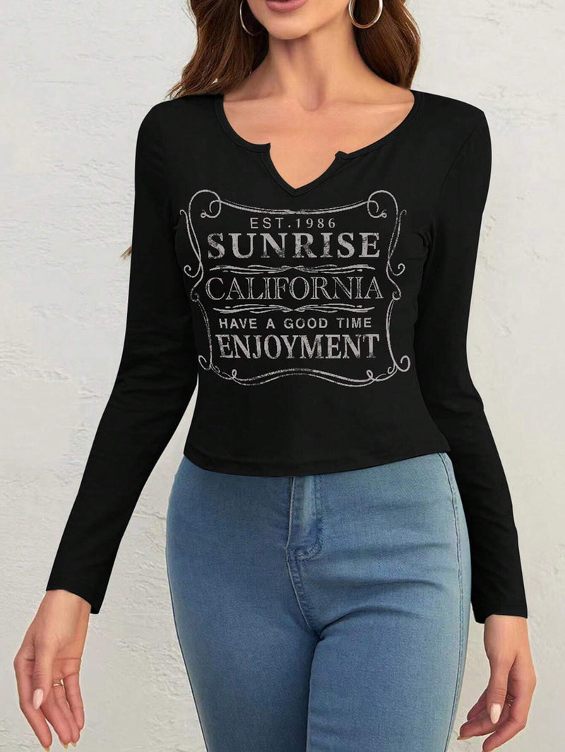 Camiseta De Cuello Muesca Y Estampado De Eslogan Para Mujeres