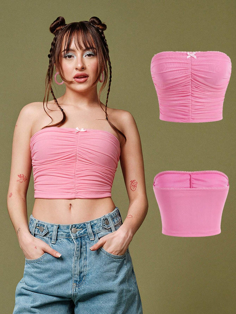 X MariajoseGi  EZwear Top Rosa Plisado Sin Tirantes Para Senoras