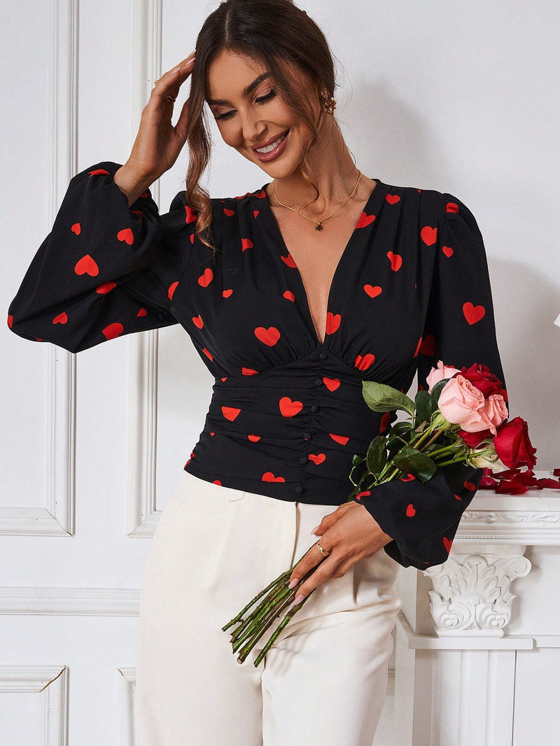 Prive Blusa Con Mangas Largas Estilo De Linterna Con Estampado De Corazones