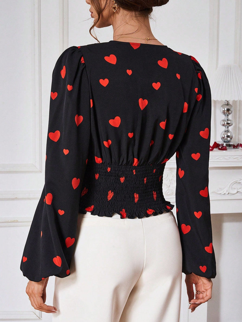 Prive Blusa Con Mangas Largas Estilo De Linterna Con Estampado De Corazones