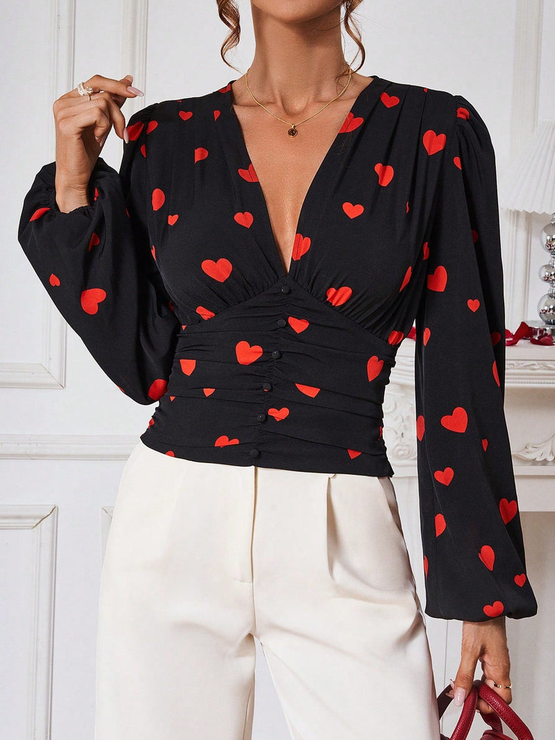 Prive Blusa Con Mangas Largas Estilo De Linterna Con Estampado De Corazones