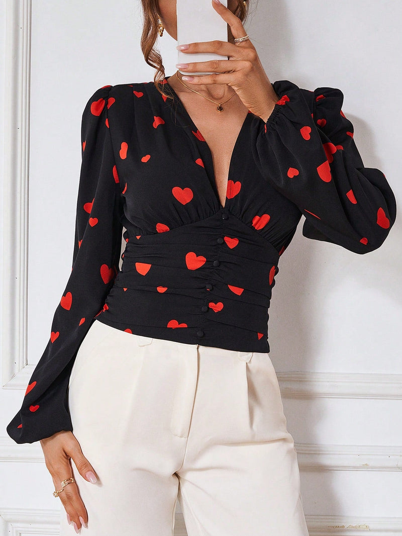 Prive Blusa Con Mangas Largas Estilo De Linterna Con Estampado De Corazones