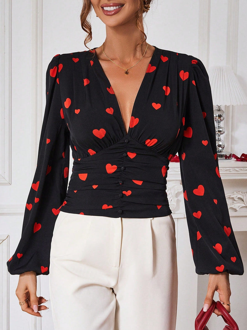 Prive Blusa Con Mangas Largas Estilo De Linterna Con Estampado De Corazones