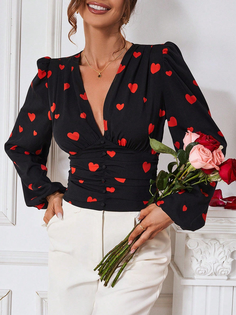 Prive Blusa Con Mangas Largas Estilo De Linterna Con Estampado De Corazones