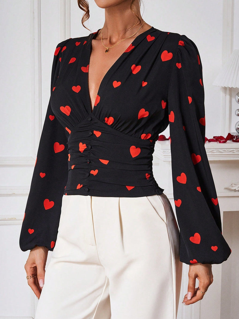 Prive Blusa Con Mangas Largas Estilo De Linterna Con Estampado De Corazones