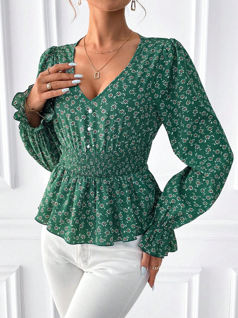 Frenchy Camisa Estampada De Margaritas Para Mujer Con Cintura Elastica, Dobladillo Con Volantes Y Diseno De San Valentin, Camisa De Verano