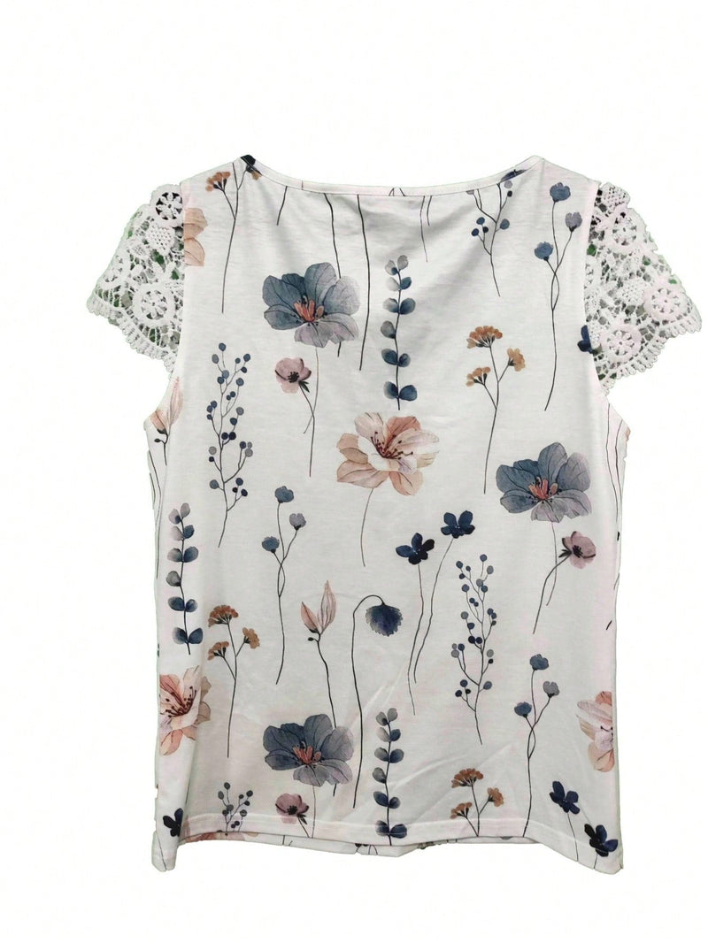 Camisa De Verano Para Mujer Con Estampado Floral, Estilo Casual Y Elegante, Cuello Muesca, Botones, Parches De Encaje Y Mangas Cortas