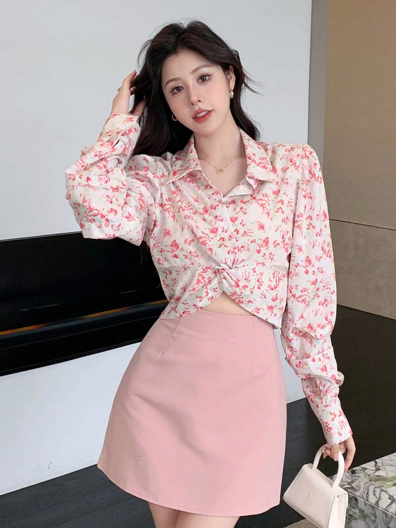 DAZY Camisa Corta Rosa Con Estampado Floral Para Mujer, Manga Larga Y Cuello Abatible