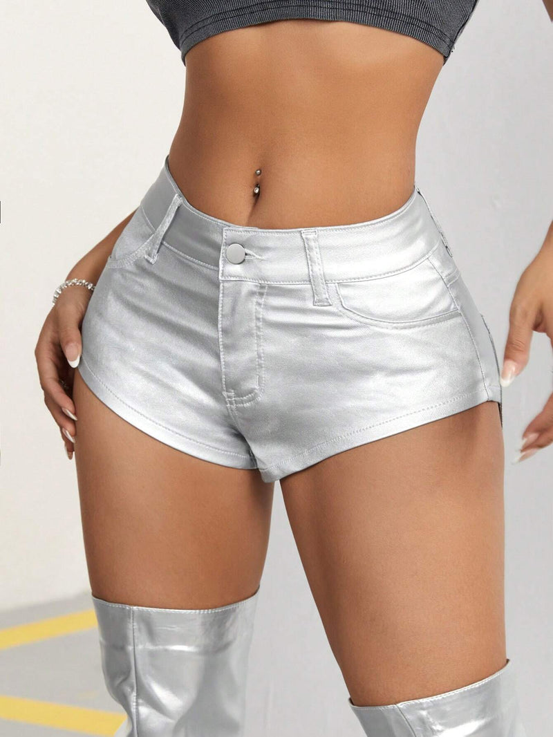 ICON Pantalones Cortos De Mezclilla Para Mujer De Ajuste Estrecho Con Tela Metalica