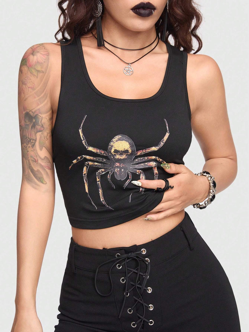 ROMWE Goth Camiseta Sin Mangas De Impresion De Arana Para Mujer