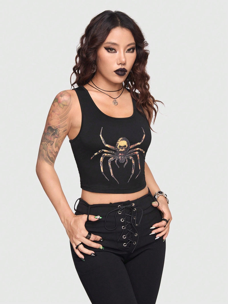 ROMWE Goth Camiseta Sin Mangas De Impresion De Arana Para Mujer