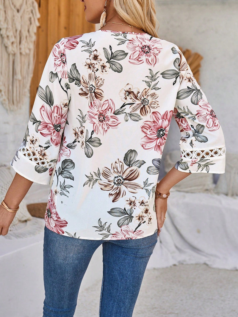 EMERY ROSE Camisa Blanca De Mujer Con Estampado Floral Para Verano, Mangas De Longitud Media, Y Parches De Encaje Con Estampado Floral