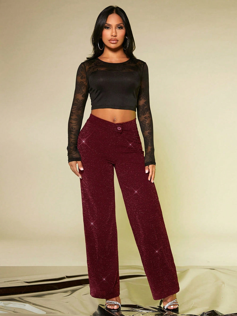 SXY Pantalones Con Cintura Irregular Metalicos