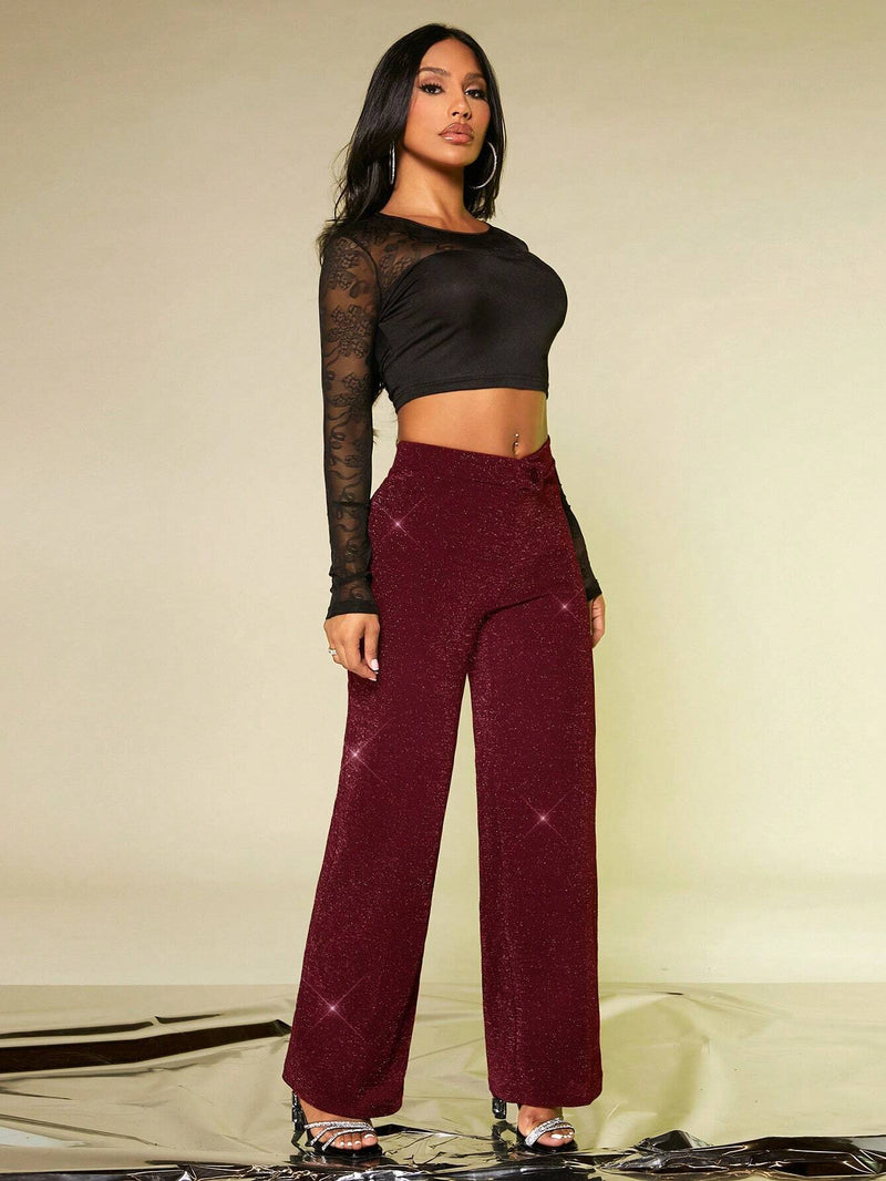 SXY Pantalones Con Cintura Irregular Metalicos