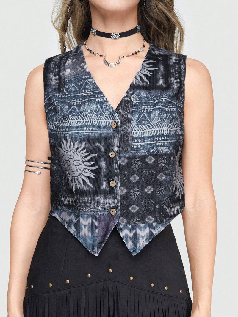 ROMWE Goth Chaqueta Tipo Chaleco De Pana Con Estampado De Cara De Sol Estilo Vacaciones Para Mujer