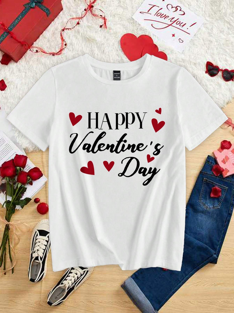 Camiseta de manga corta casual de verano para mujer con lema estampado de corazon para el dia de San Valentin