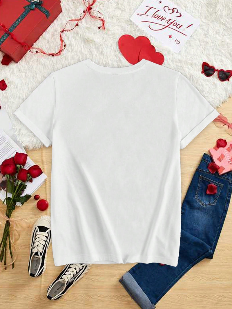 Camiseta de manga corta casual de verano para mujer con lema estampado de corazon para el dia de San Valentin