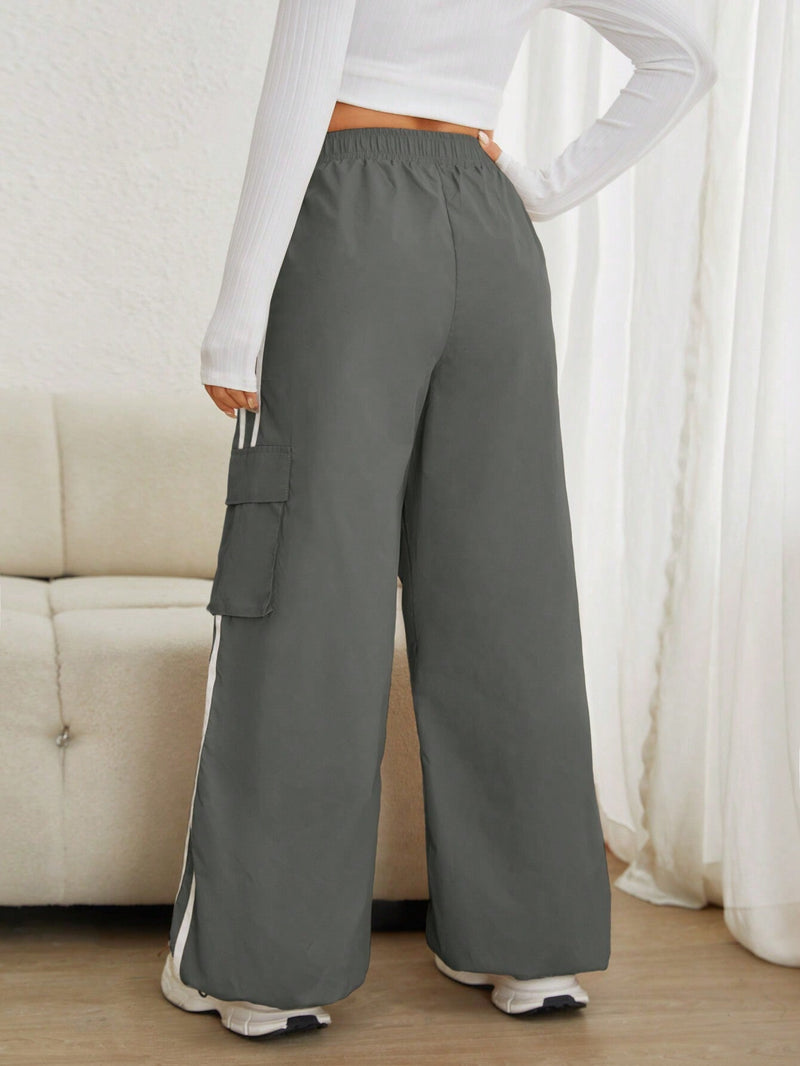 EZwear Pantalones De Carga Con Contraste Tejido Gris Y Laterales Para Mujer