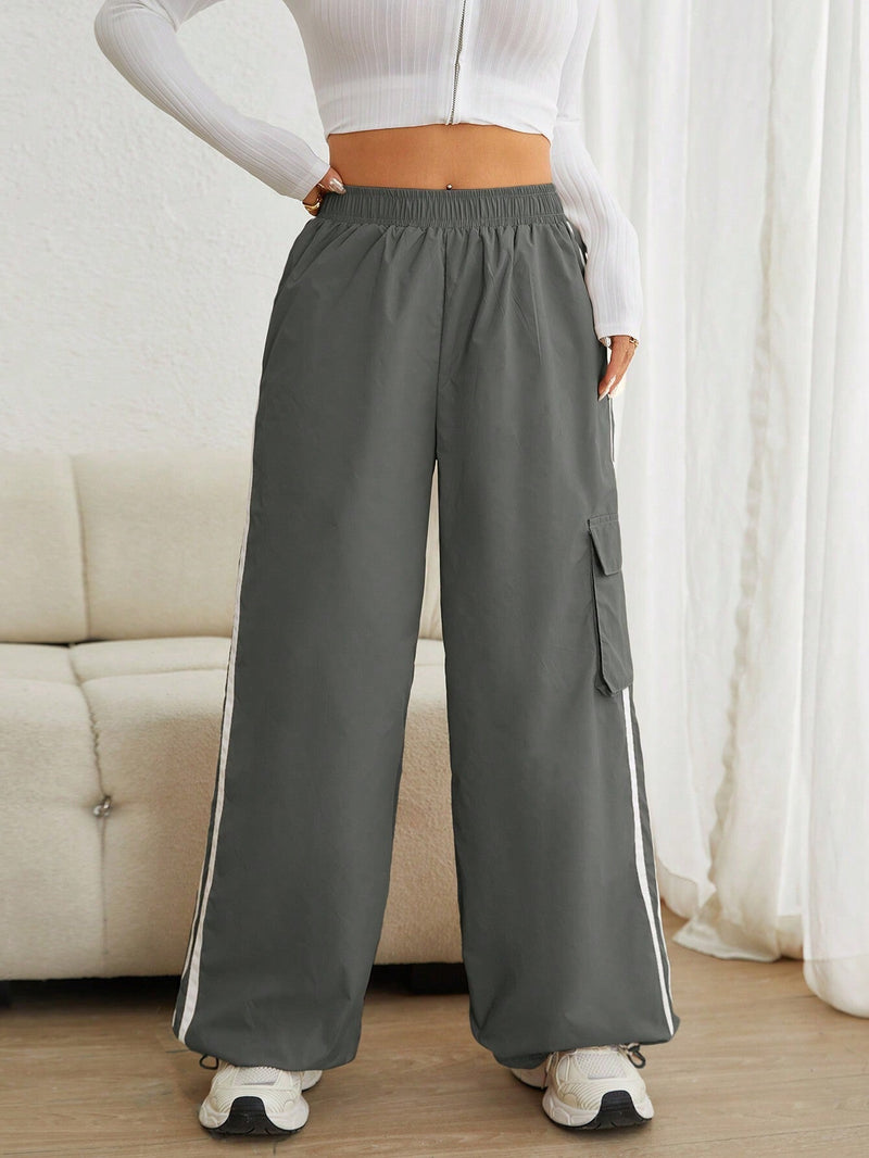 EZwear Pantalones De Carga Con Contraste Tejido Gris Y Laterales Para Mujer