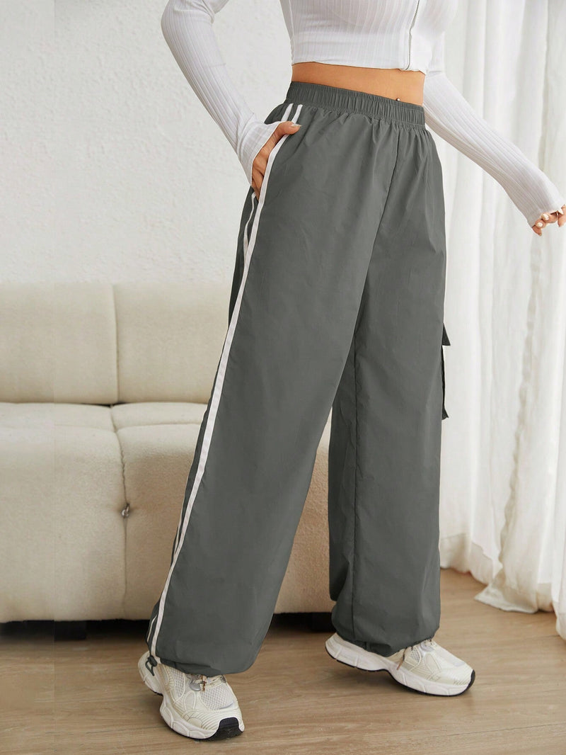 EZwear Pantalones De Carga Con Contraste Tejido Gris Y Laterales Para Mujer