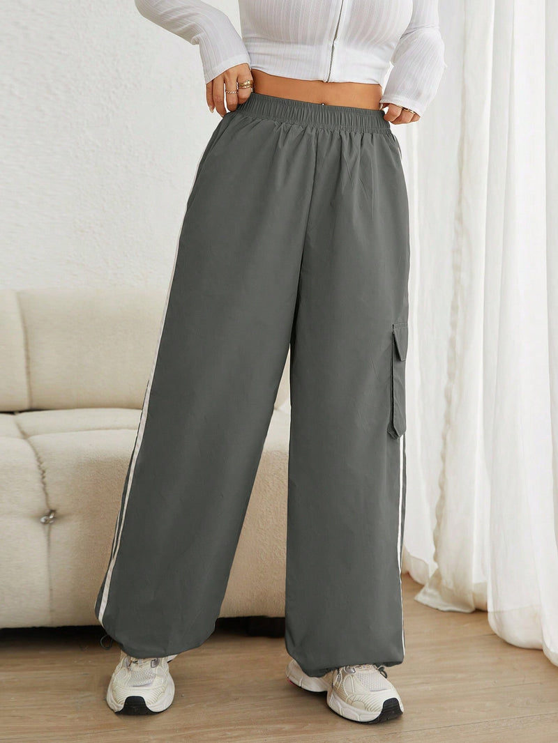 EZwear Pantalones De Carga Con Contraste Tejido Gris Y Laterales Para Mujer