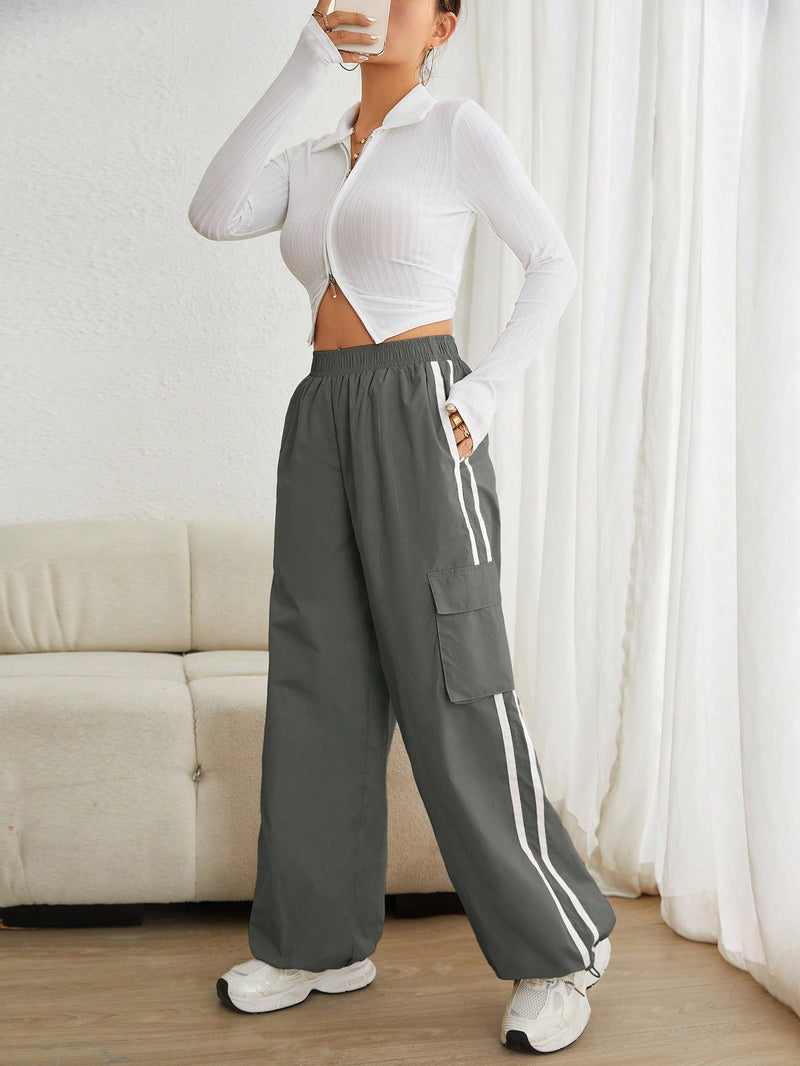 EZwear Pantalones De Carga Con Contraste Tejido Gris Y Laterales Para Mujer