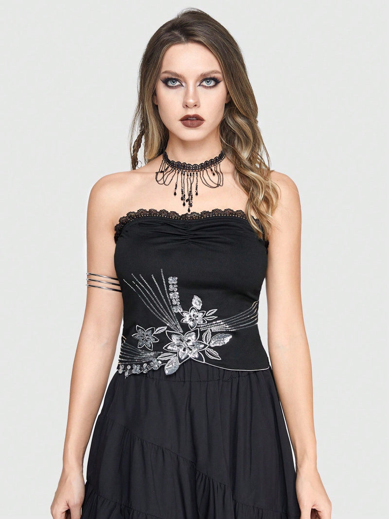 ROMWE Goth Top Sin Tirantes Con Aplique Floral De Encaje, Pliegues Y Detalles Con Cuentas