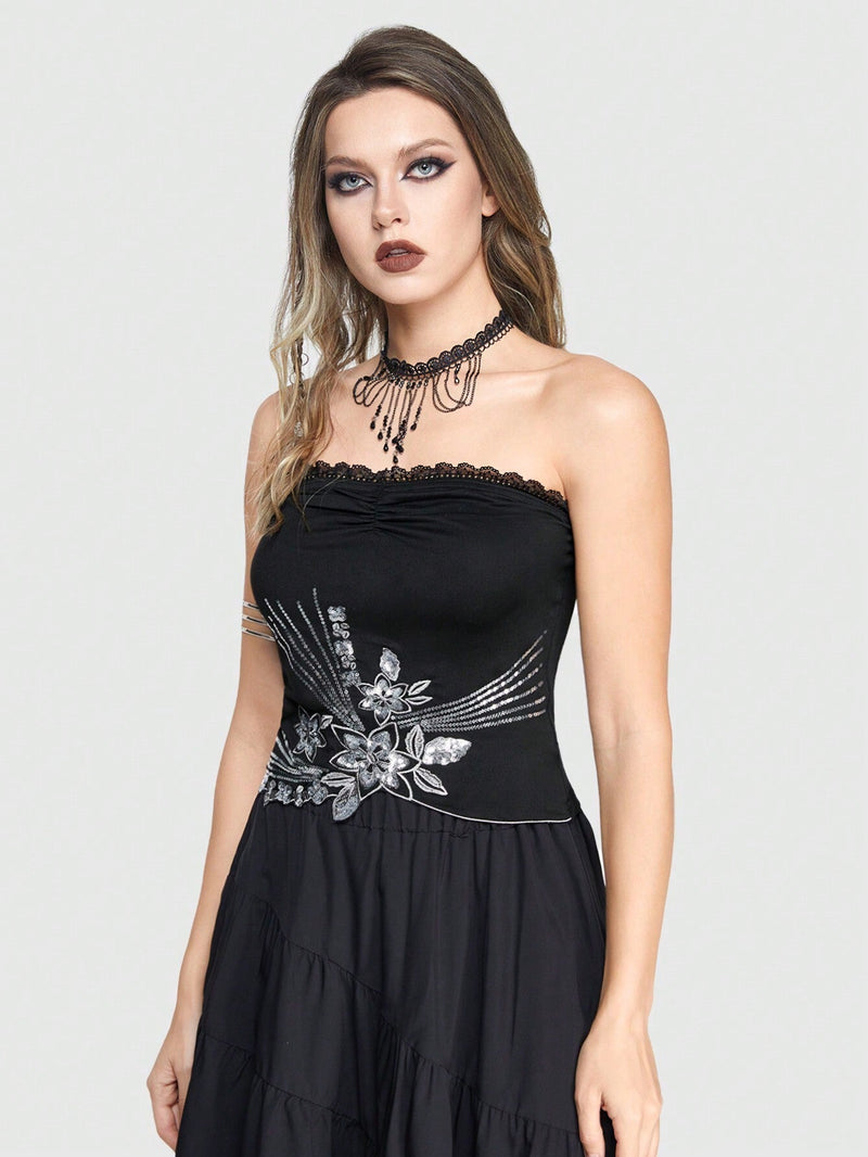 ROMWE Goth Top Sin Tirantes Con Aplique Floral De Encaje, Pliegues Y Detalles Con Cuentas