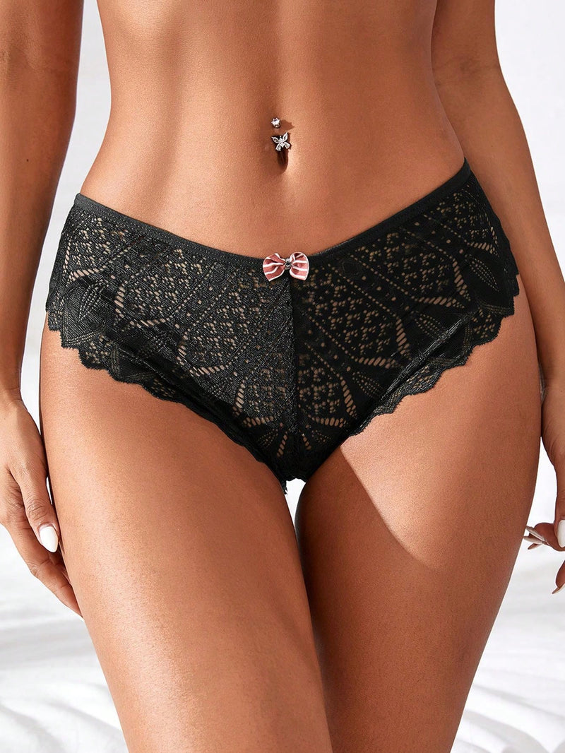 4 Piezas/set Panties Triangulares Sexys Con Encaje De Baja Altura Para Mujer En Negro