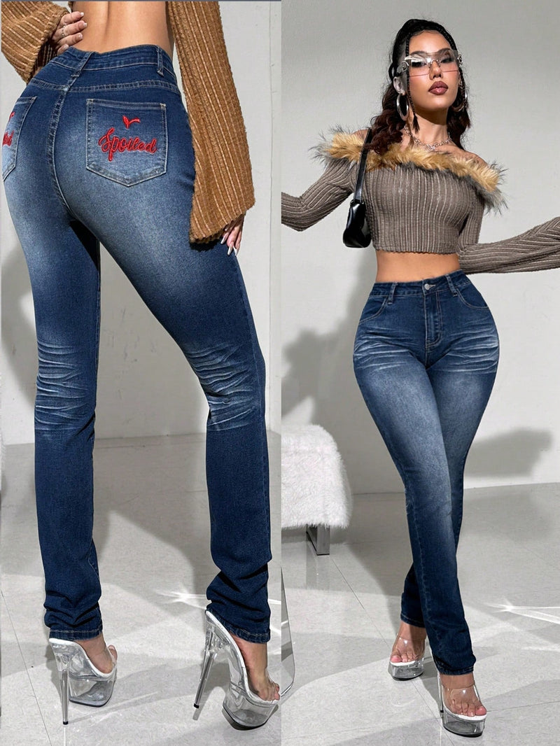 ICON Jeans De Pierna Recta, Ajustados, Elasticos, De Talle Bajo Y Elasticos En Azul Y2k Con Bordado De Letras Para Uso Informal