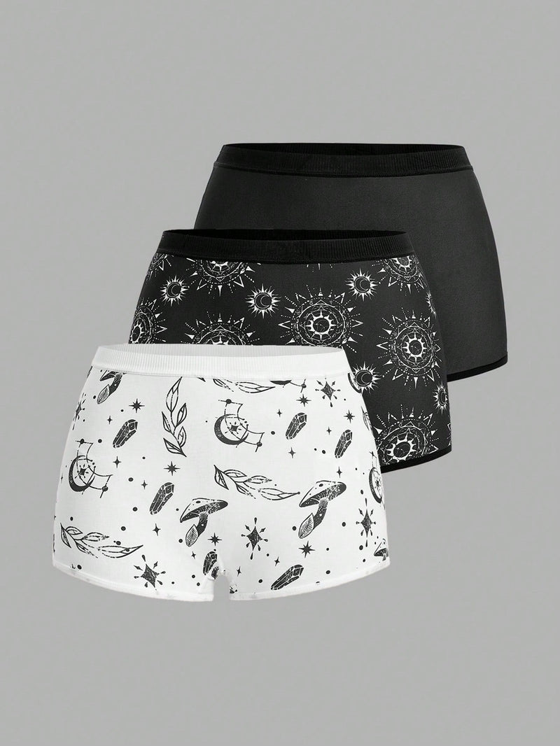 ROMWE Goth 3 Piezas De Pantalones Cortos De Boxeo Para Mujer Con Estampados De Mariposas, Sol, Luna, Estrellas Y Hongos.