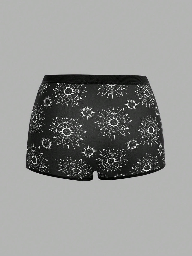 ROMWE Goth 3 Piezas De Pantalones Cortos De Boxeo Para Mujer Con Estampados De Mariposas, Sol, Luna, Estrellas Y Hongos.