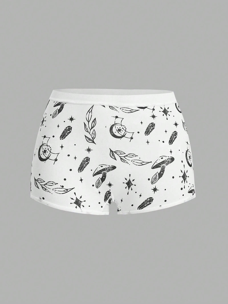 ROMWE Goth 3 Piezas De Pantalones Cortos De Boxeo Para Mujer Con Estampados De Mariposas, Sol, Luna, Estrellas Y Hongos.