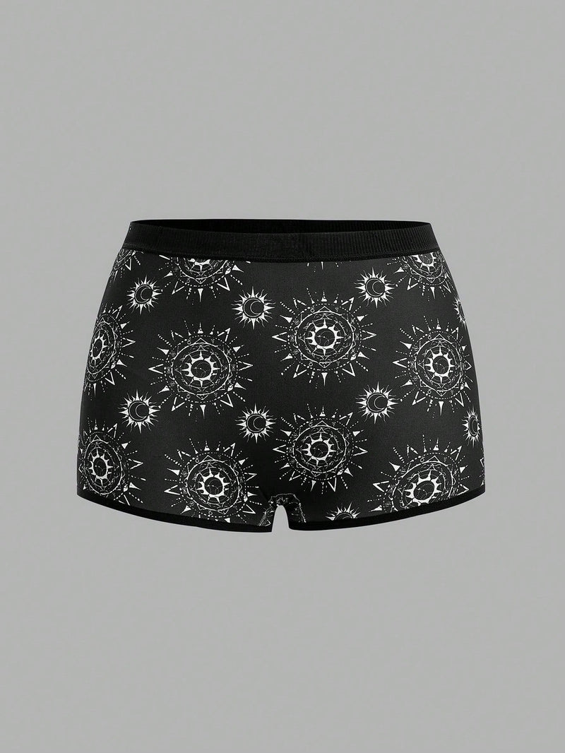 ROMWE Goth 3 Piezas De Pantalones Cortos De Boxeo Para Mujer Con Estampados De Mariposas, Sol, Luna, Estrellas Y Hongos.