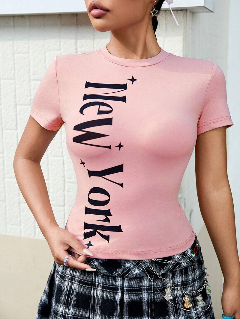 Camiseta Estampada Con Letras Para Mujer