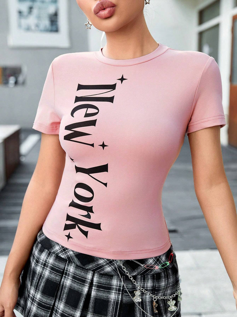 Camiseta Estampada Con Letras Para Mujer