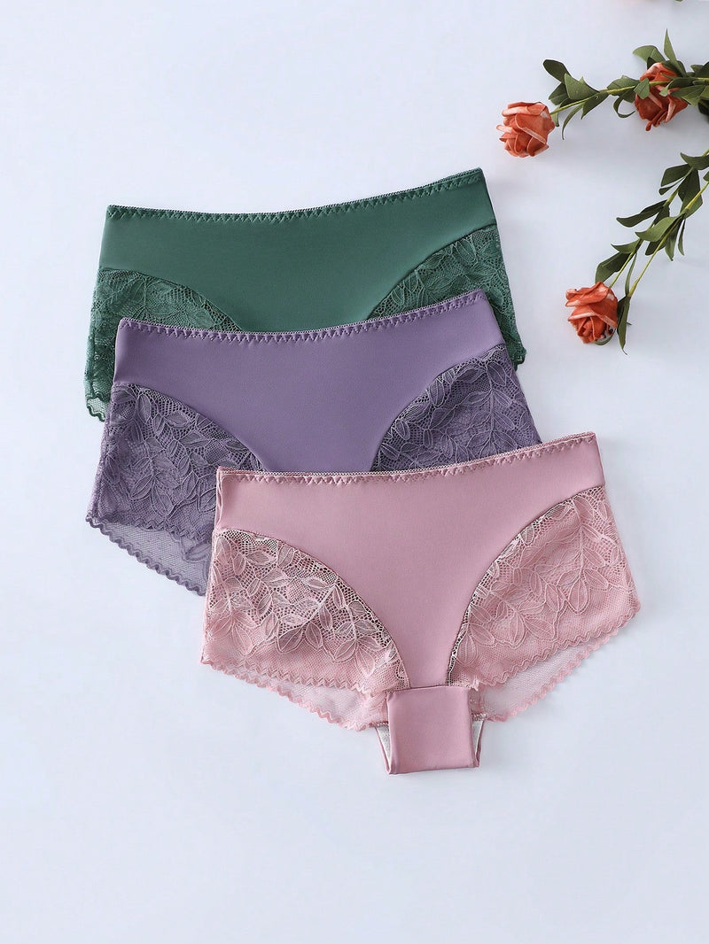 3 Piezas/set Panty Corto De Mujer Con Encaje Insertado