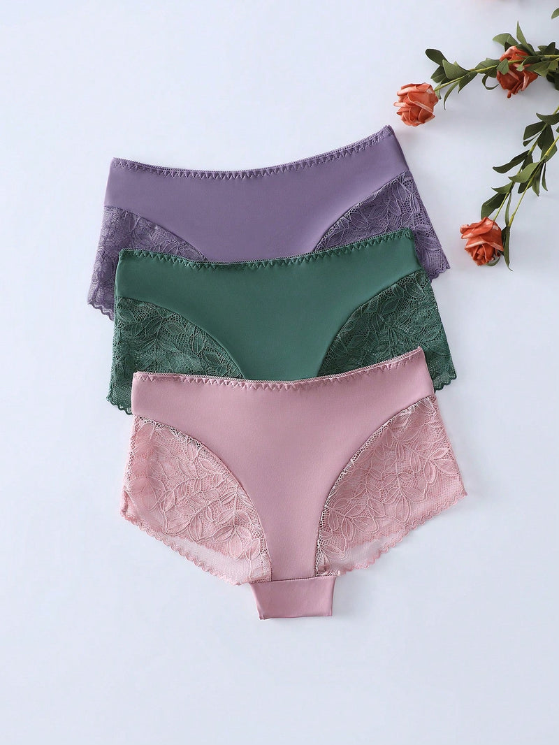 3 Piezas/set Panty Corto De Mujer Con Encaje Insertado