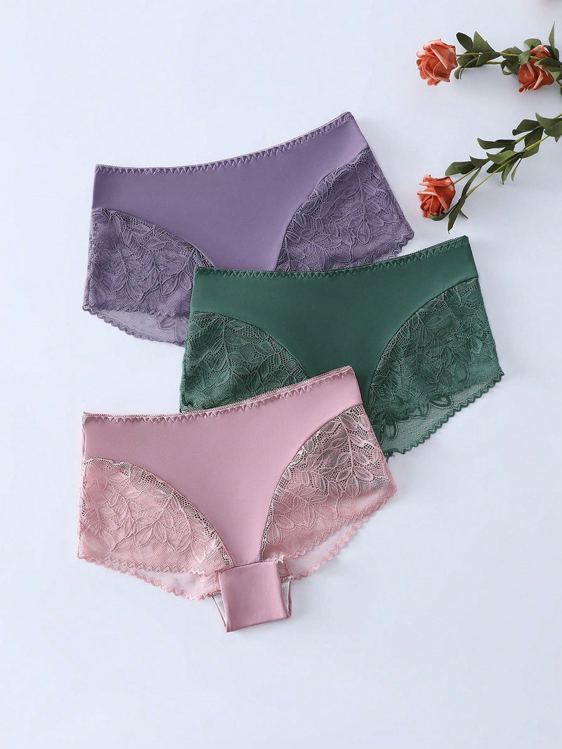 3 Piezas/set Panty Corto De Mujer Con Encaje Insertado