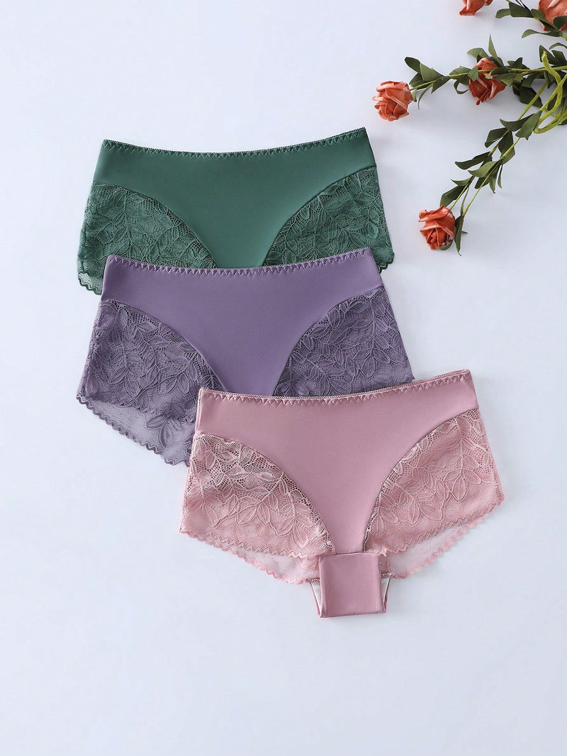 3 Piezas/set Panty Corto De Mujer Con Encaje Insertado