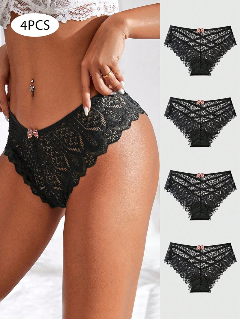 4 Piezas/set Panties Triangulares Sexys Con Encaje De Baja Altura Para Mujer En Negro