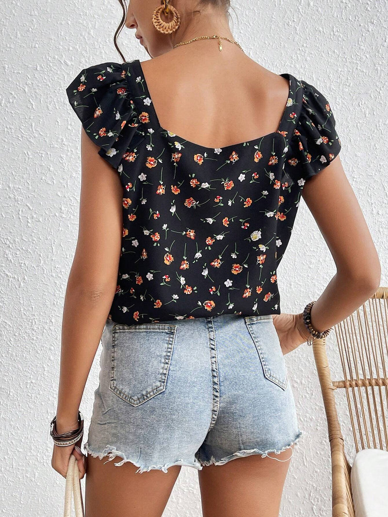 Frenchy Blusa De Manga Voladora Con Estampado De Flores Para Mujer