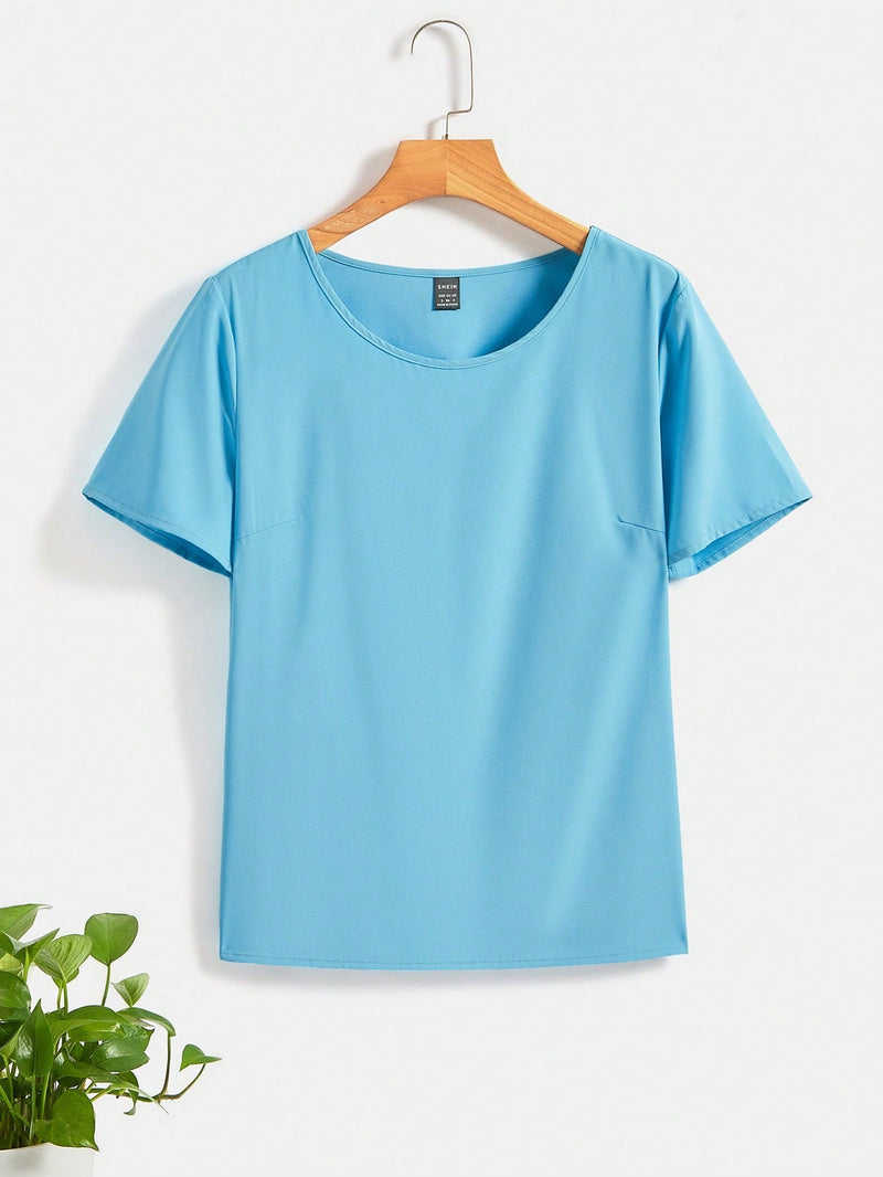 LUNE Camisa De Manga Corta Con Cuello Redondo De Color Liso Para Mujer