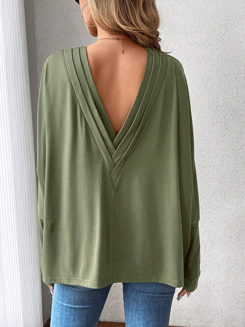 Camiseta De Mujer Verde Con Cuello En V Y Espalda De Capas Multiples