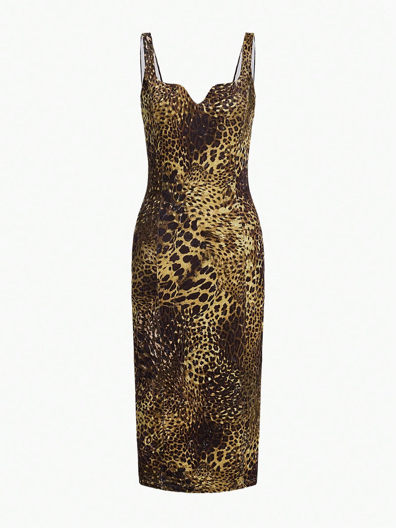 Motf premium vestido de leopardo con corte trasero sin cinturon