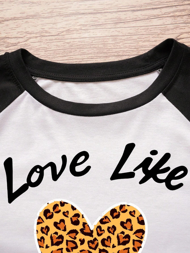 Camiseta De Cuello Redondo Para Mujer Con Estampado De Carta, Corazon Y Leopardo