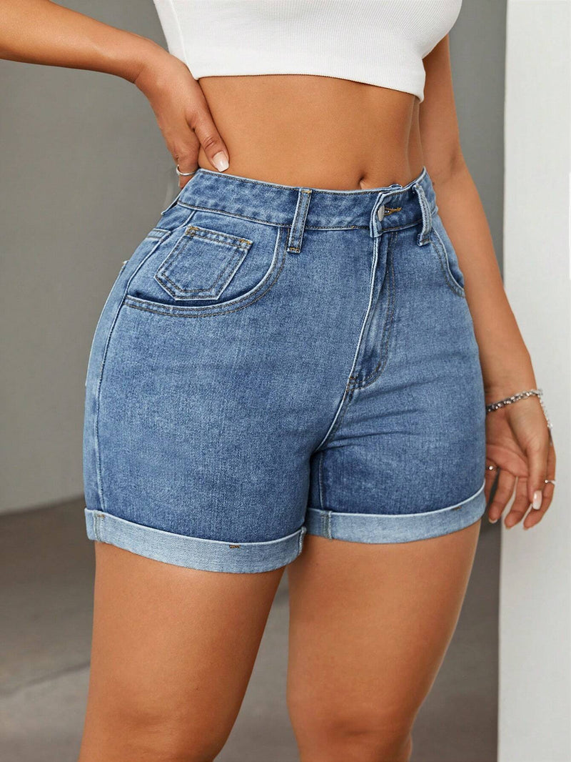 Shorts Vaqueros Ajustados Con Borde Enrollado Para Mujer