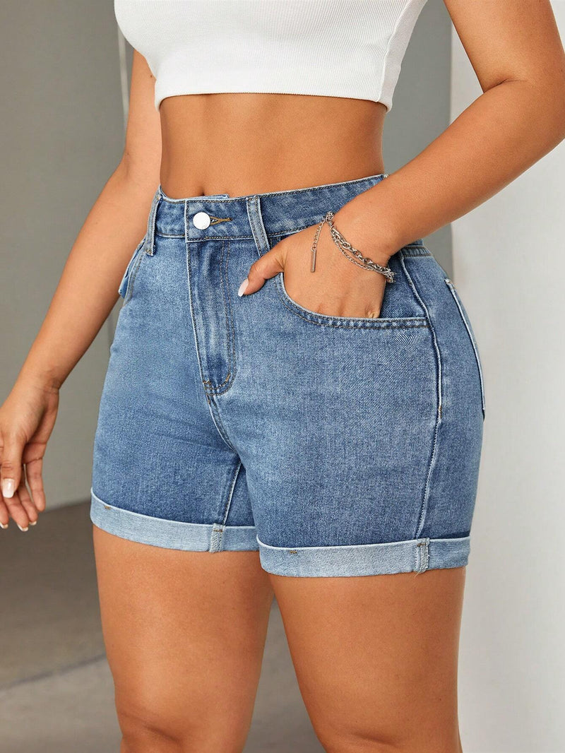 Shorts Vaqueros Ajustados Con Borde Enrollado Para Mujer